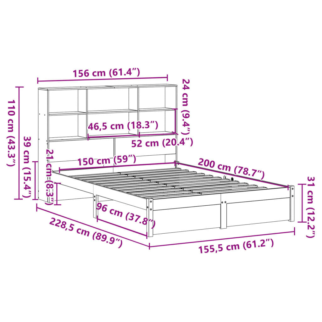 vidaXL Κρεβάτι Βιβλιοθήκη Χωρίς Στρώμα 150x200 εκ Μασίφ Ξύλο Πεύκου