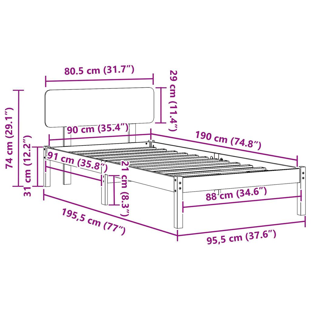 vidaXL Κρεβάτι Πλατφόρμα με Κεφαλάρι 90 x 190 εκ από Μασίφ Ξύλο Πεύκου