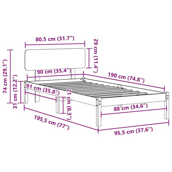 vidaXL Κρεβάτι Πλατφόρμα με Κεφαλάρι 90 x 190 εκ από Μασίφ Ξύλο Πεύκου