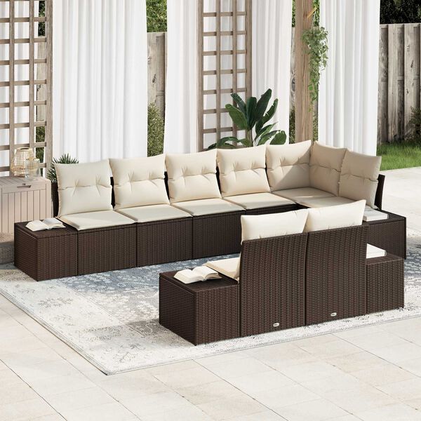 vidaXL Σετ Καναπέ Κήπου με μαξιλάρι 8 pcs Καφέ και κρεμ Πολυ ράταν