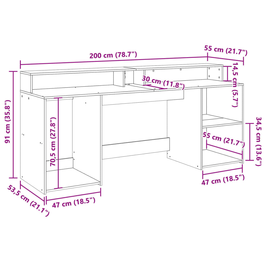 vidaXL Γραφείο με LED Γκρι Σκυρόδεματος 200x55x91 εκ. Επεξεργ. Ξύλο