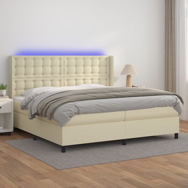 vidaXL Κρεβάτι Boxspring με Στρώμα & LED Κρεμ 200x200 εκ. Συνθ. Δέρμα