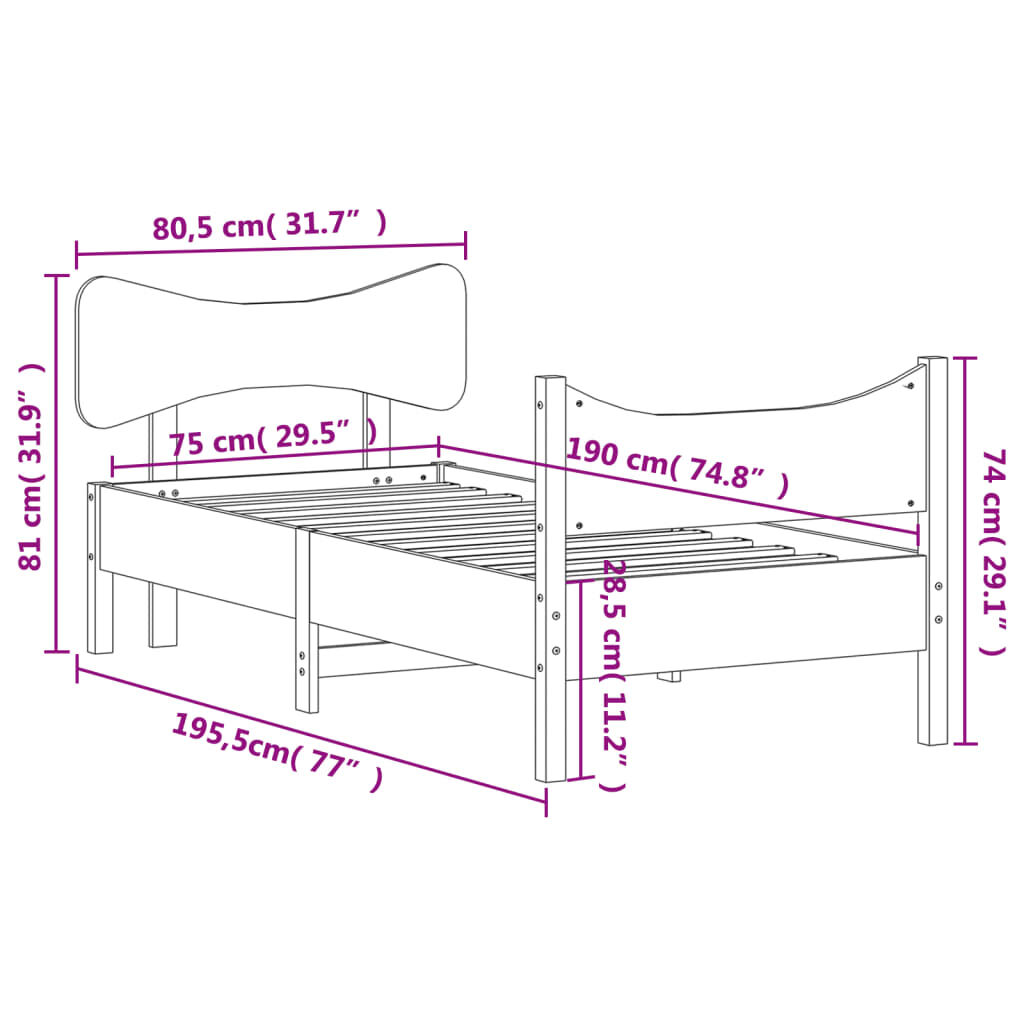 vidaXL Σκελετός Κρεβατιού Χωρίς Στρώμα 75x190 εκ Μασίφ Ξύλο Πεύκου