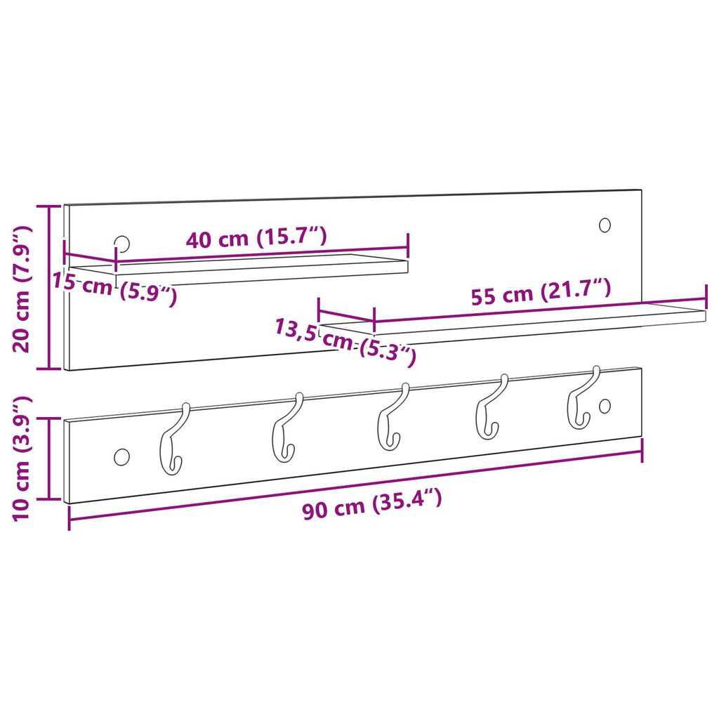 vidaXL Τοίχου Κρεμάστρα Λευκό 90 x 15 x 36 εκ. Επεξεργασμένο ξύλο