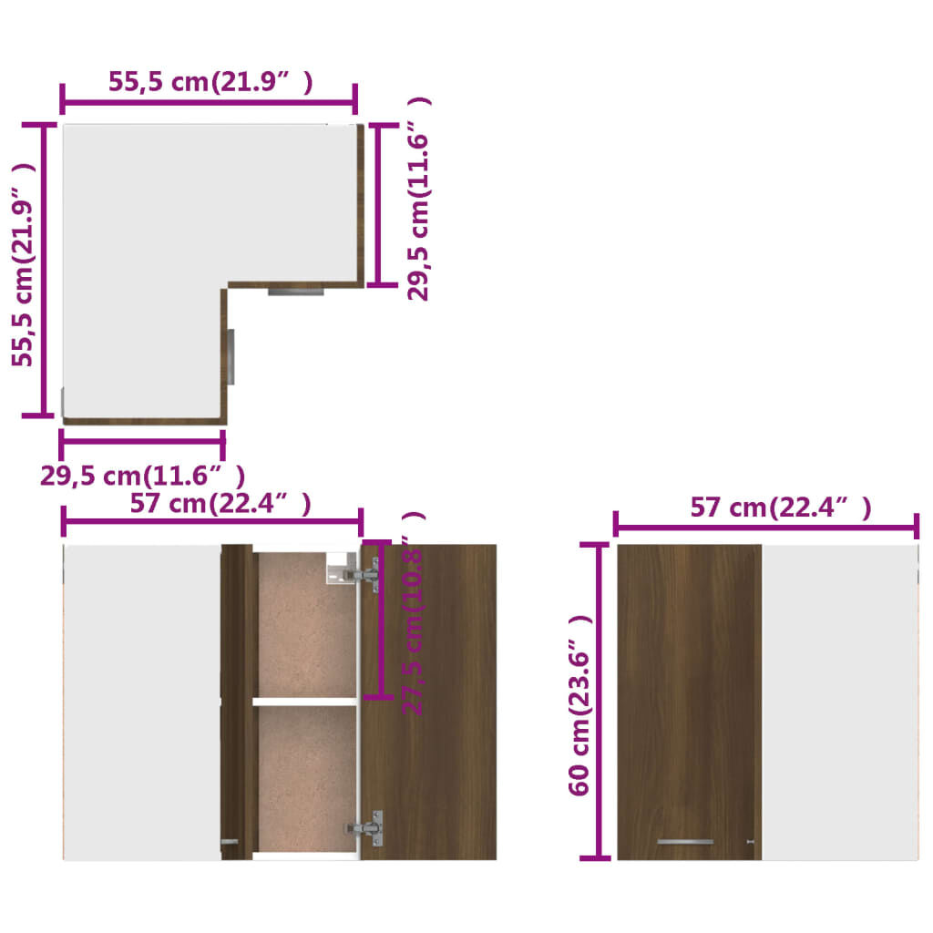 vidaXL Ντουλάπι Κρεμαστό Γωνιακό Lyon Καφέ Δρυς 57x57x60εκ. Επεξ. Ξύλο