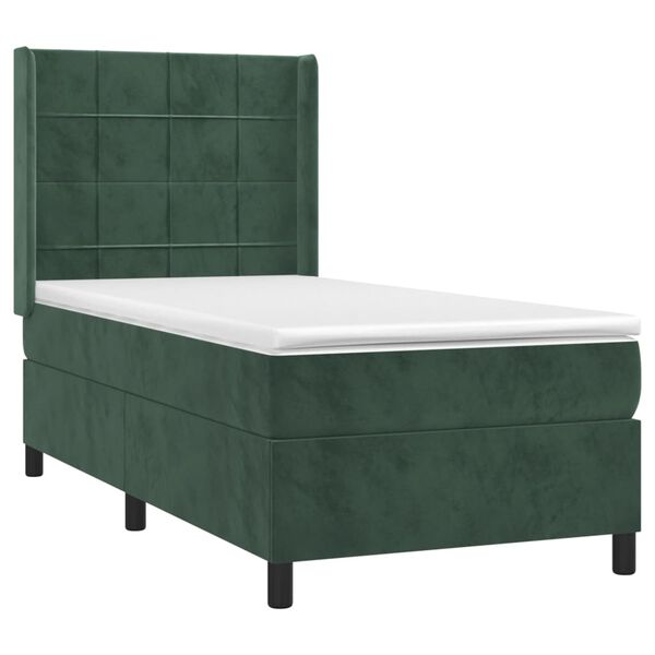 vidaXL Κρεβάτι Boxspring με Στρώμα & LED Σκ. Πράσινο 90x190 εκ Βελούδο