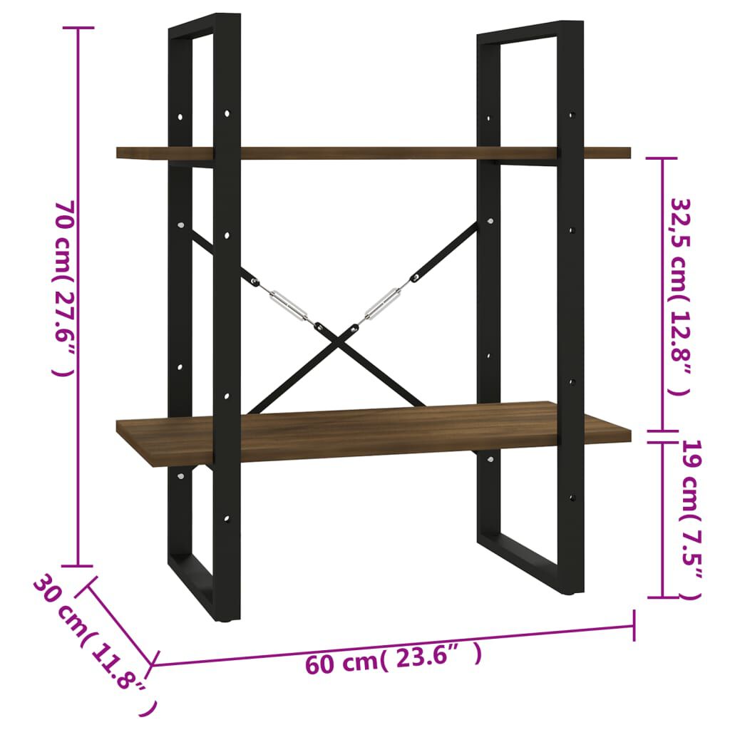 vidaXL Βιβλιοθήκη με 2 Ράφια Καφέ Δρυς 60x30x70 εκ. Επεξεργ. Ξύλο