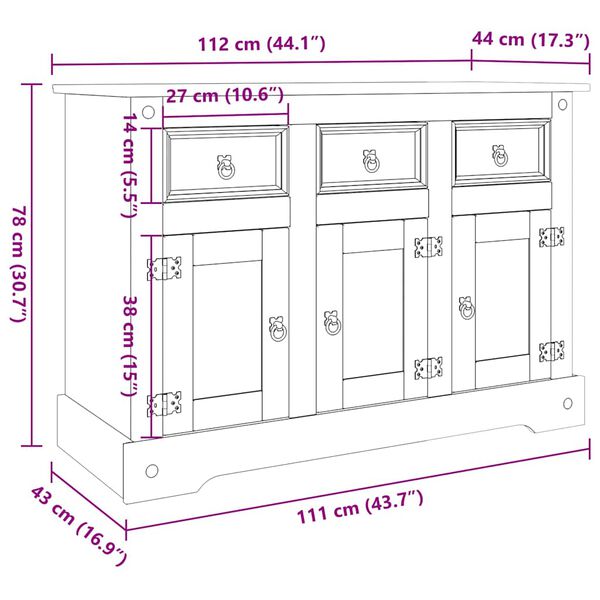 vidaXL Μπουφές Corona Καφέ 112x44x78 εκ. Μασίφ Ξύλο Μεξικάνικου Πεύκου