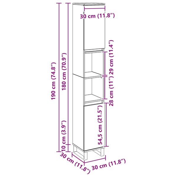 vidaXL Ντουλάπι Μπάνιου Μαύρη δρυς 30 x 30 x 190 εκ Επεξεργασμένο ξύλο