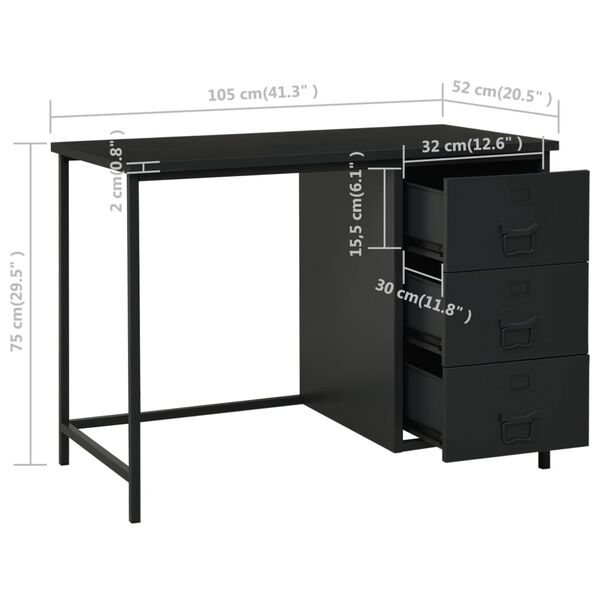 vidaXL Βιομηχανικό Γραφείο με Συρτάρια Μαύρο 105x52x75 εκ. Ατσάλινο
