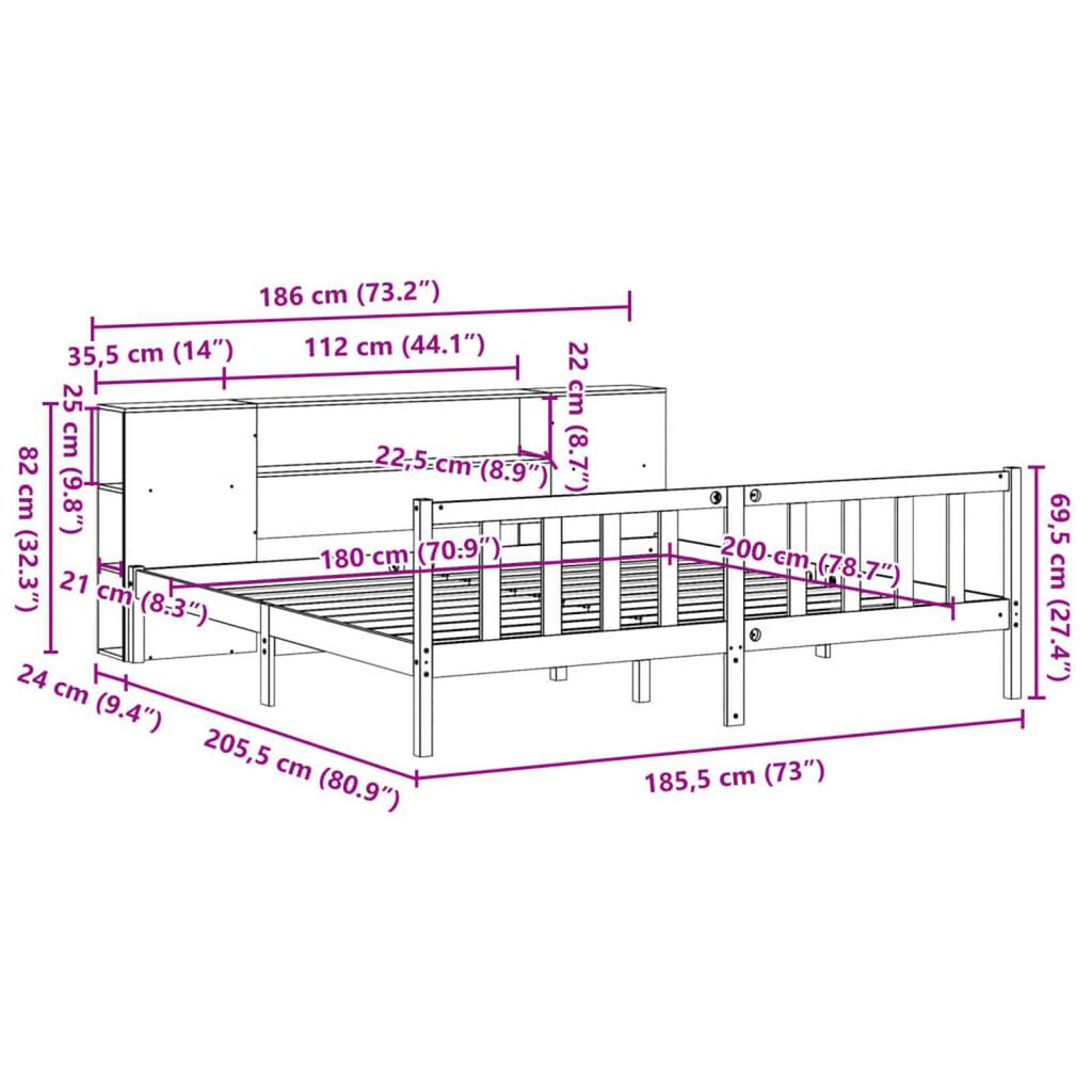 vidaXL Κρεβάτι Βιβλιοθήκη Χωρίς Στρώμα 180x200 εκ Μασίφ Ξύλο Πεύκου