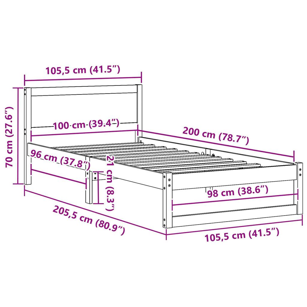 vidaXL Σκελετός Κρεβατιού Καφέ 100 x 200 cm Μασίφ ξύλο πεύκου