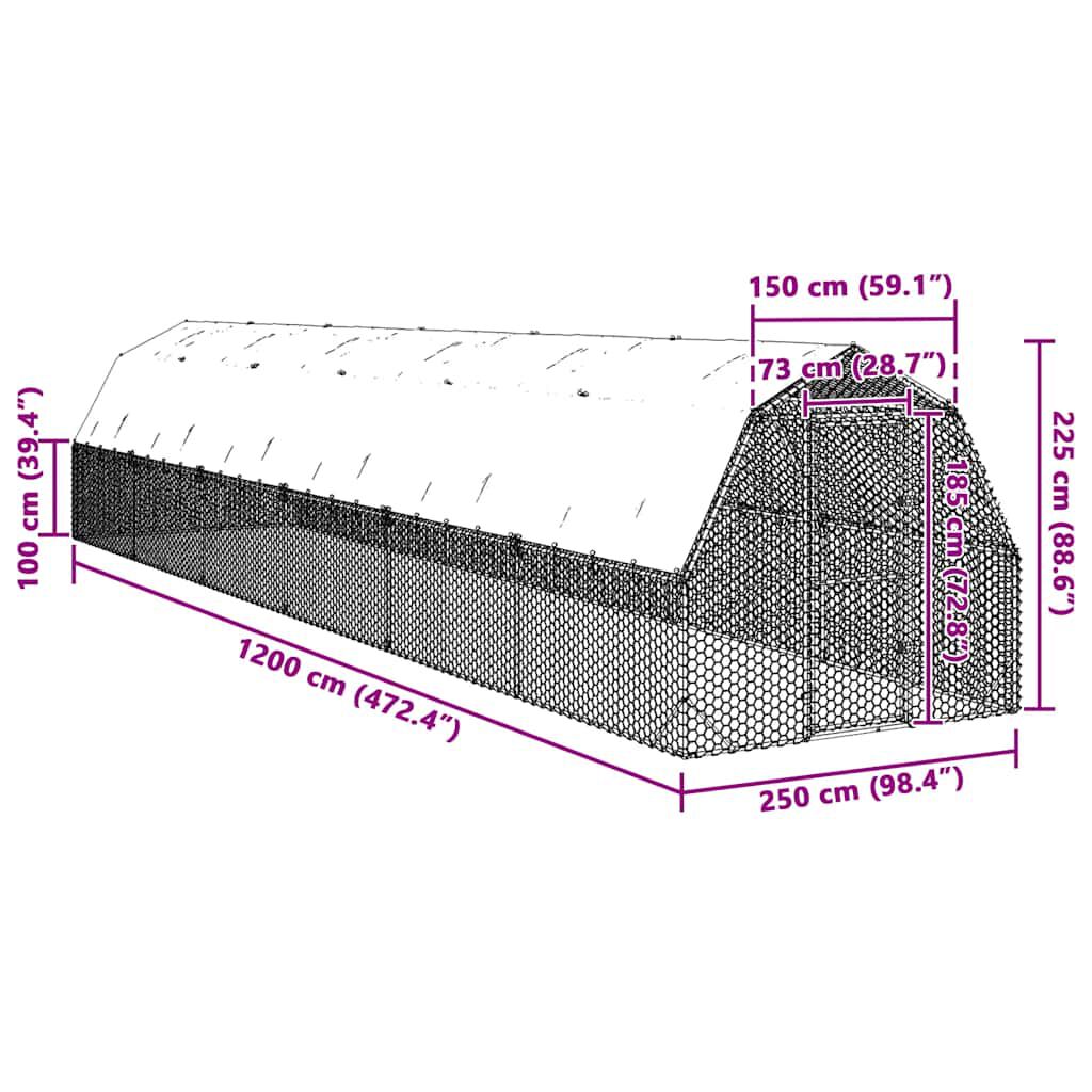 vidaXL Τρέξιμο για κοτόπουλα με οροφή 2,5x12x2,25 μ. από Γαλβ. Χάλυβα