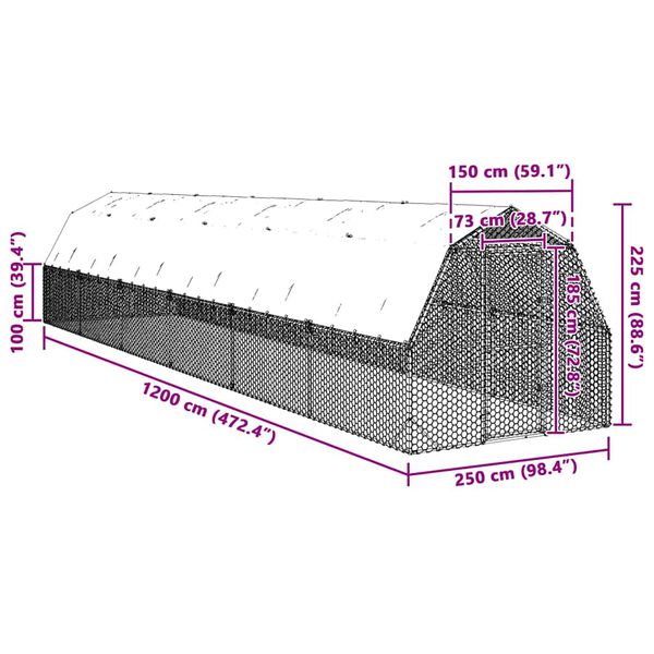 vidaXL Τρέξιμο για κοτόπουλα με οροφή 2,5x12x2,25 μ. από Γαλβ. Χάλυβα