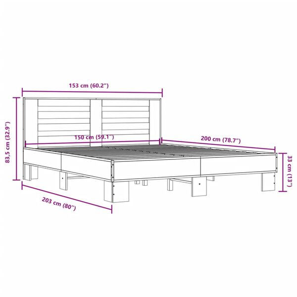 vidaXL Πλαίσιο Κρεβατιού Καφέ Δρυς 150x200 εκ. Επεξ. Ξύλο & Μέταλλο