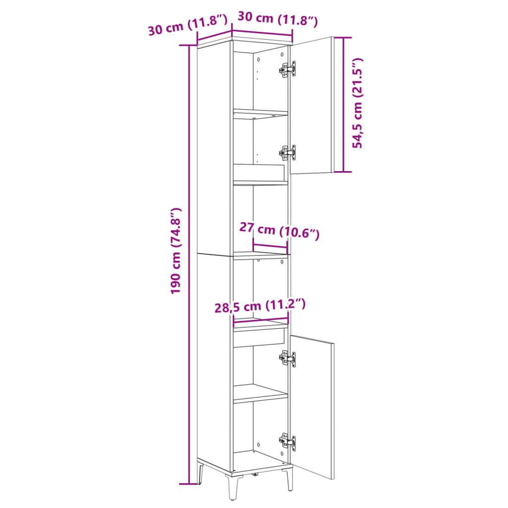 vidaXL Ντουλάπι Μπάνιου Sonoma Δρυς 30x30x190 εκ. Επεξεργασμένο Ξύλο