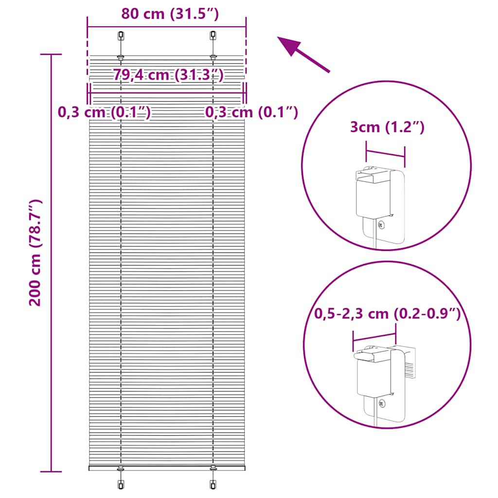 vidaXL Πλισέ περσίδα Λευκό 80x200 cm Πλάτος υφάσματος 79,4 cm