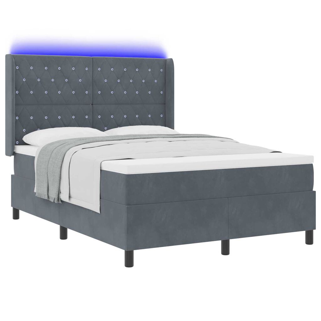 Κρεβάτι Box Spring με Στρώμα & LED Γκρι 140x190 εκ Βελούδινο
