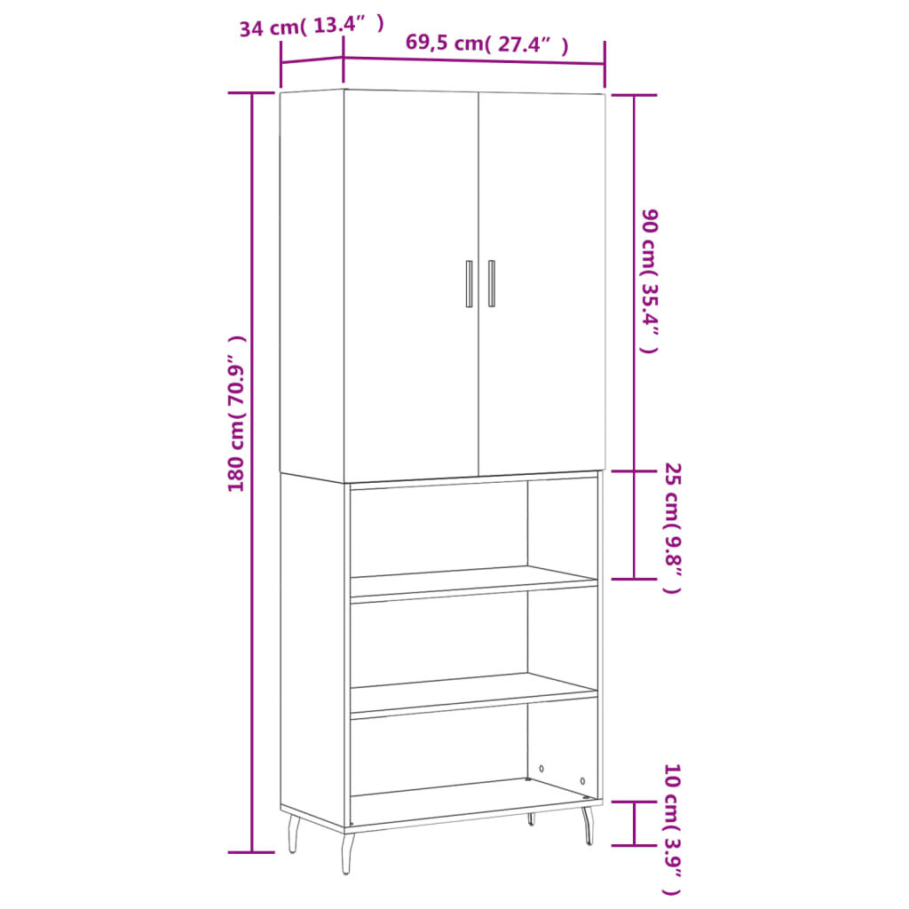 vidaXL Ντουλάπι Γκρι Sonoma 69,5 x 34 x 180 εκ. Επεξεργασμένο Ξύλο