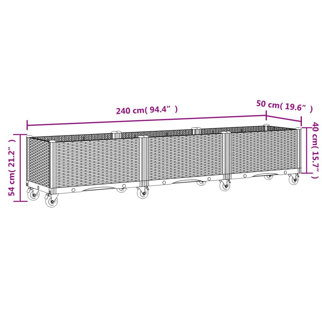 vidaXL Ζαρντινιέρα Κήπου με Ροδάκια Λευκό 240x50x54 εκ. Πολυπροπυλένιο