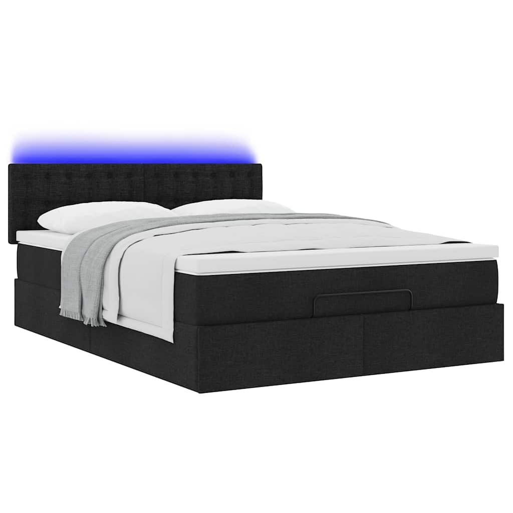 vidaXL Οθωμανικό κρεβάτι με στρώμα & LEDs Μαύρο 140x190 cm Ύφασμα
