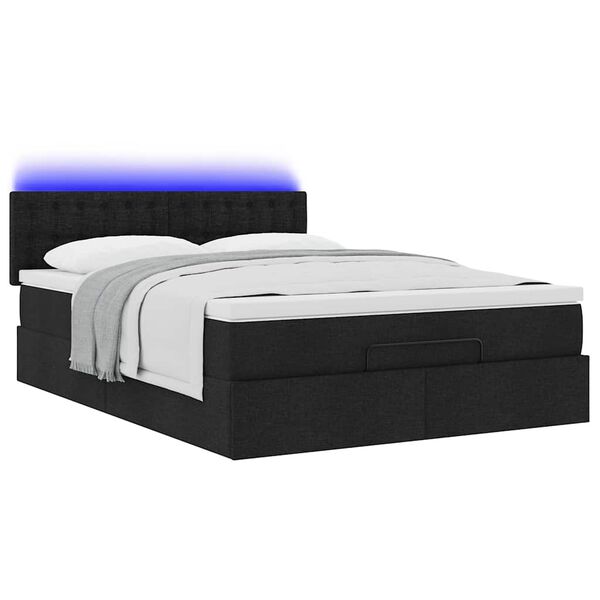 vidaXL Οθωμανικό κρεβάτι με στρώμα & LEDs Μαύρο 140x190 cm Ύφασμα
