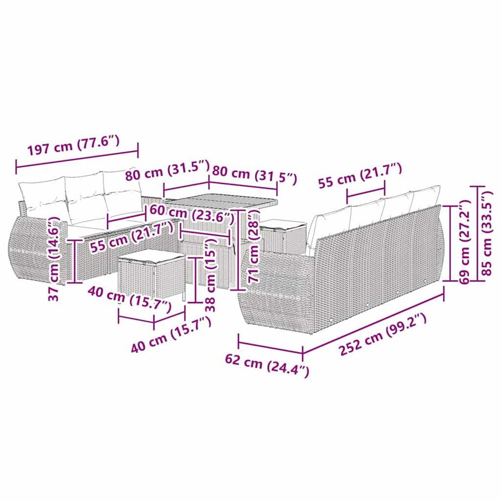 vidaXL Σετ Καναπέ Κήπου 10 pcs Γκρι συνθετικό ρατάν