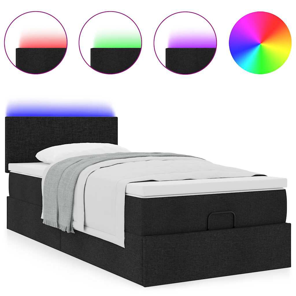 vidaXL Οθωμανικό κρεβάτι με στρώμα & LEDs Μαύρο 80x200cm ύφασμα