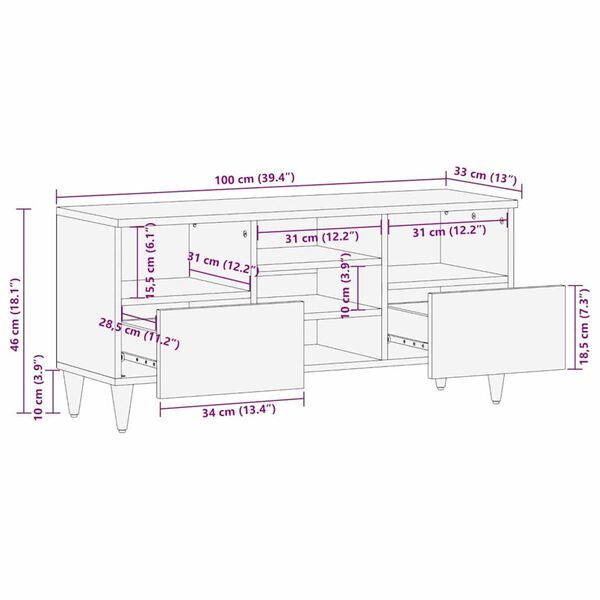 vidaXL Ντουλάπι TV με συρτάρι Λευκό 100 x 33 x 46 εκ Μασίφ ξύλο μάνγκο