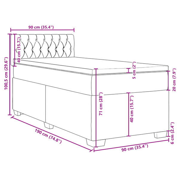 vidaXL Κρεβάτι Boxspring με Στρώμα Σκούρο Γκρι 90x190 εκ. Βελούδινο