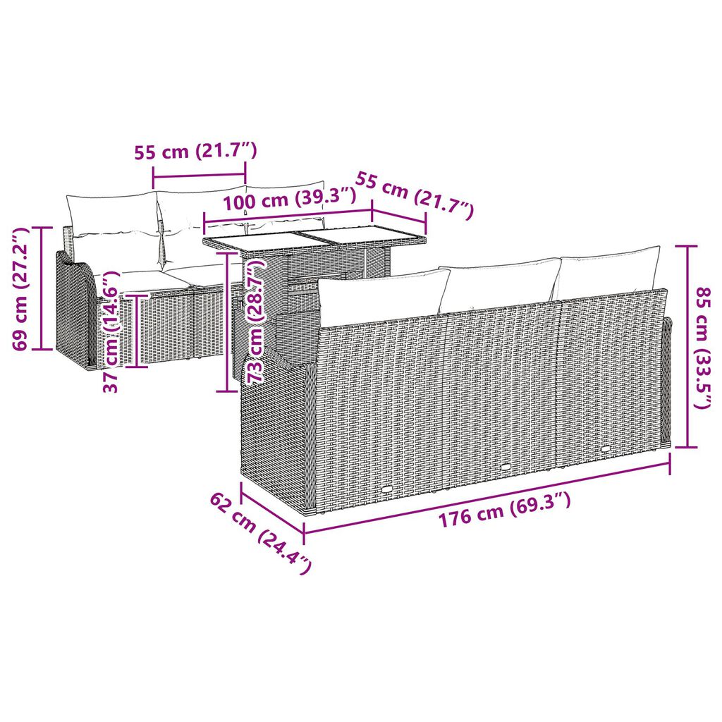 vidaXL Σετ Καναπέ Κήπου 7 pcs Μπεζ 100 x 55 x 73 εκ. Πολυ ράταν