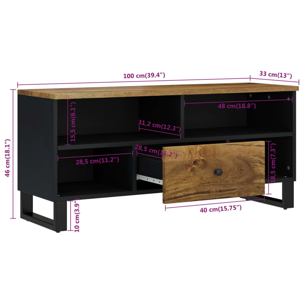 vidaXL Έπιπλο Τηλεόρασης 100x33x46 εκ. Μασίφ Ξύλο Μάνγκο & Επεξ. Ξύλο