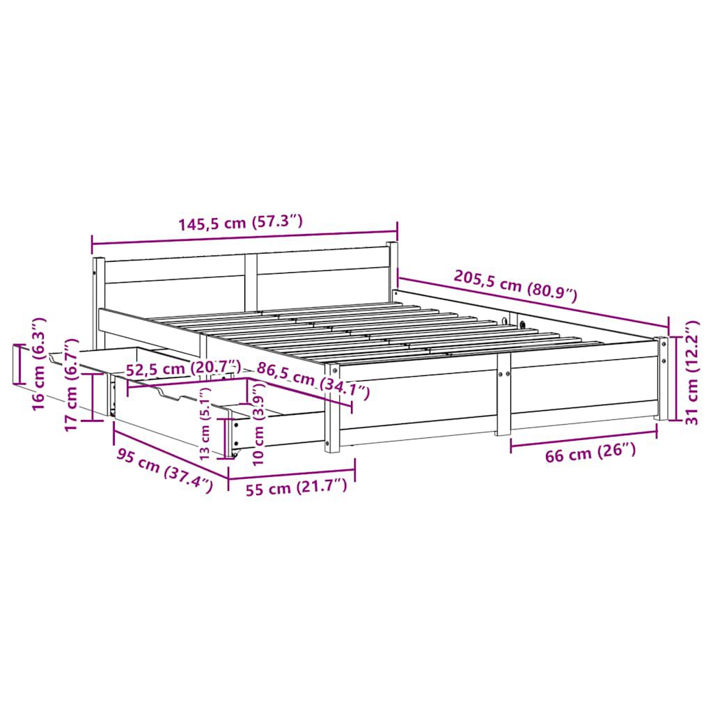 vidaXL Σκελετός Κρεβατιού Χωρίς Στρώμα 140x200 εκ Μασίφ Ξύλο Πεύκου