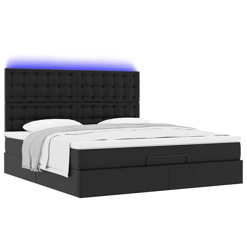 vidaXL Οθωμανικό κρεβάτι με στρώμα & LEDs Μαύρο 160x200cm Faux Leather