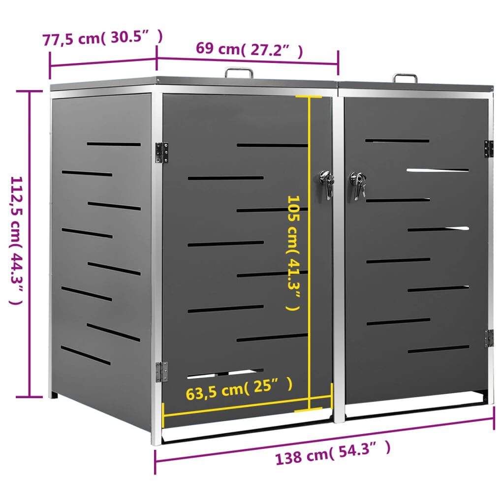 vidaXL Πλαίσιο Κάδων Απορρ. Διπλό με Ρόδες 138x77,5x112,5 εκ Αν. Ατσα.