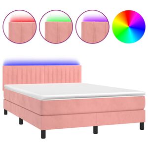 vidaXL Κρεβάτι Boxspring με Στρώμα & LED Ροζ 140x190 εκ. Βελούδινο