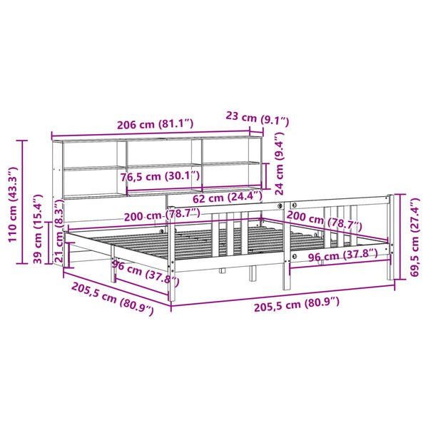 vidaXL Κρεβάτι Βιβλιοθήκη Χωρίς Στρώμα 200x200 εκ Μασίφ Ξύλο Πεύκου