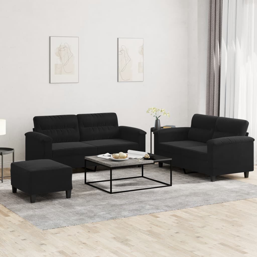 vidaXL Σετ Σαλονιού 3 Τεμαχίων Μαύρο από Ύφασμα Μικροϊνών με Μαξιλάρια