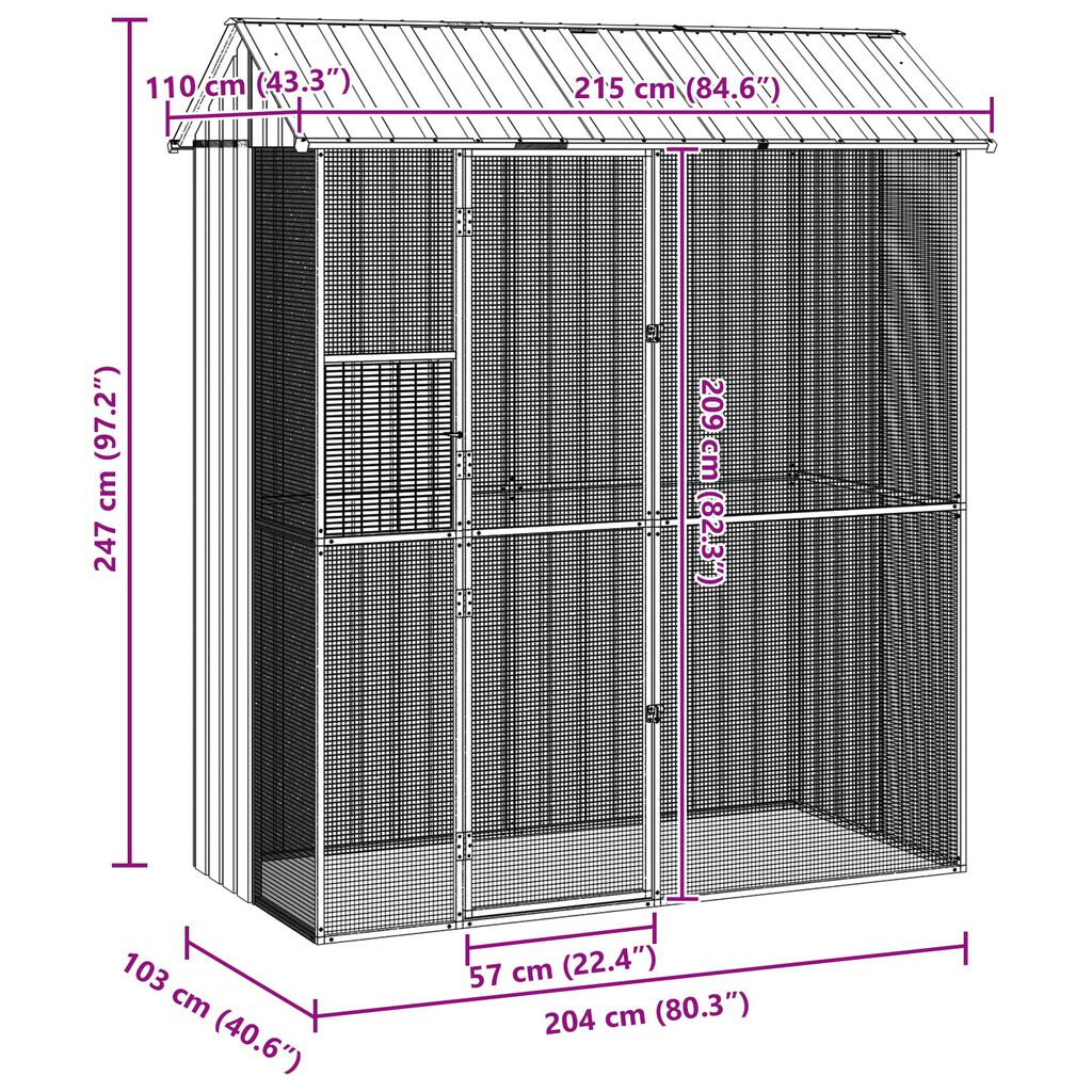 vidaXL Κλουβί Πουλιών Ανθρακί 215x110x247 εκ Χάλυβας