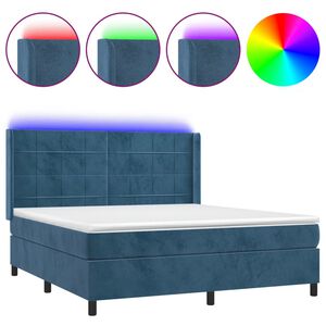 vidaXL Κρεβάτι Boxspring με Στρώμα & LED Σκ. Μπλε 160x200εκ. Βελούδινο