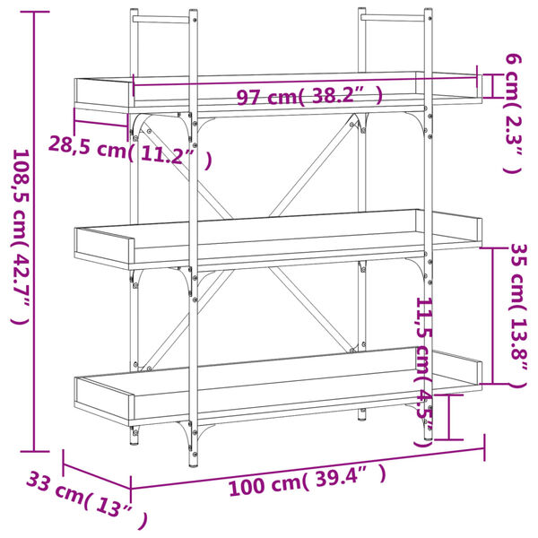 vidaXL Βιβλιοθήκη 3 Επιπέδων Καπν. Δρυς 100x33x108,5 εκ. Επεξεργ. Ξύλο