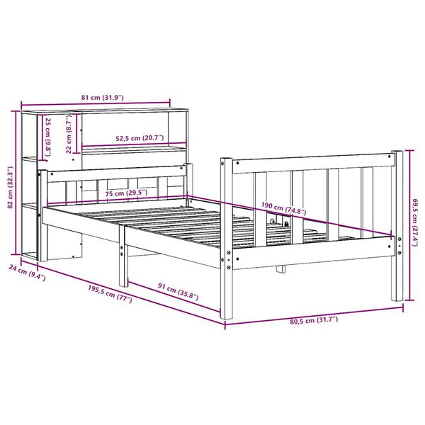 vidaXL Κρεβάτι Βιβλιοθήκη Χωρίς Στρώμα Καφέ 75x190 εκ Μασίφ Πεύκο