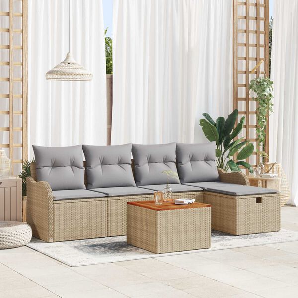 vidaXL Σετ Καναπέ Κήπου με μαξιλάρι 6 pcs Μπεζ Πολυ ράταν