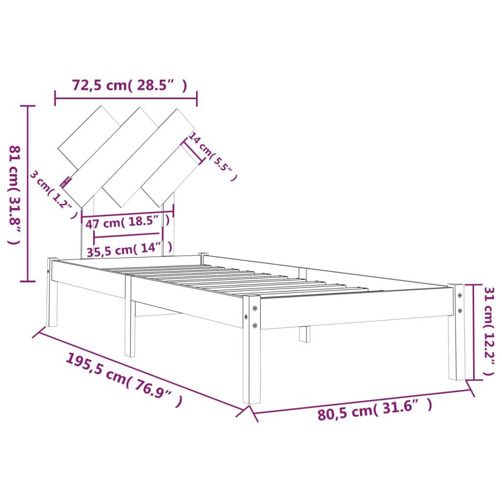 vidaXL Πλαίσιο Κρεβατιού 75 x 190 εκ. από Μασίφ Ξύλο Small Single