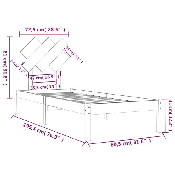 vidaXL Πλαίσιο Κρεβατιού 75 x 190 εκ. από Μασίφ Ξύλο Small Single