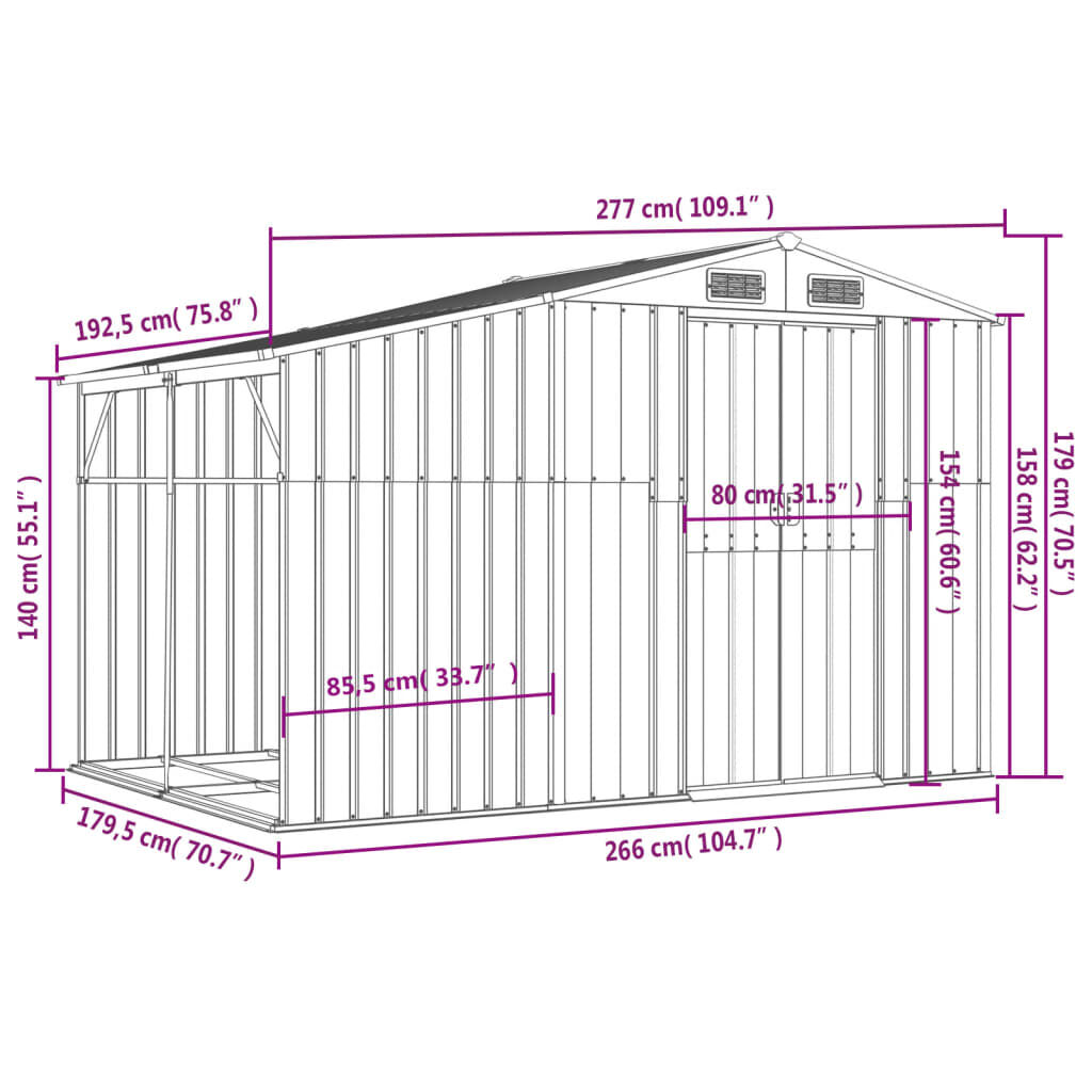 vidaXL Αποθήκη Κήπου Ανθρακί 277x192,5x179 εκ. από Γαλβαν. Ατσάλι