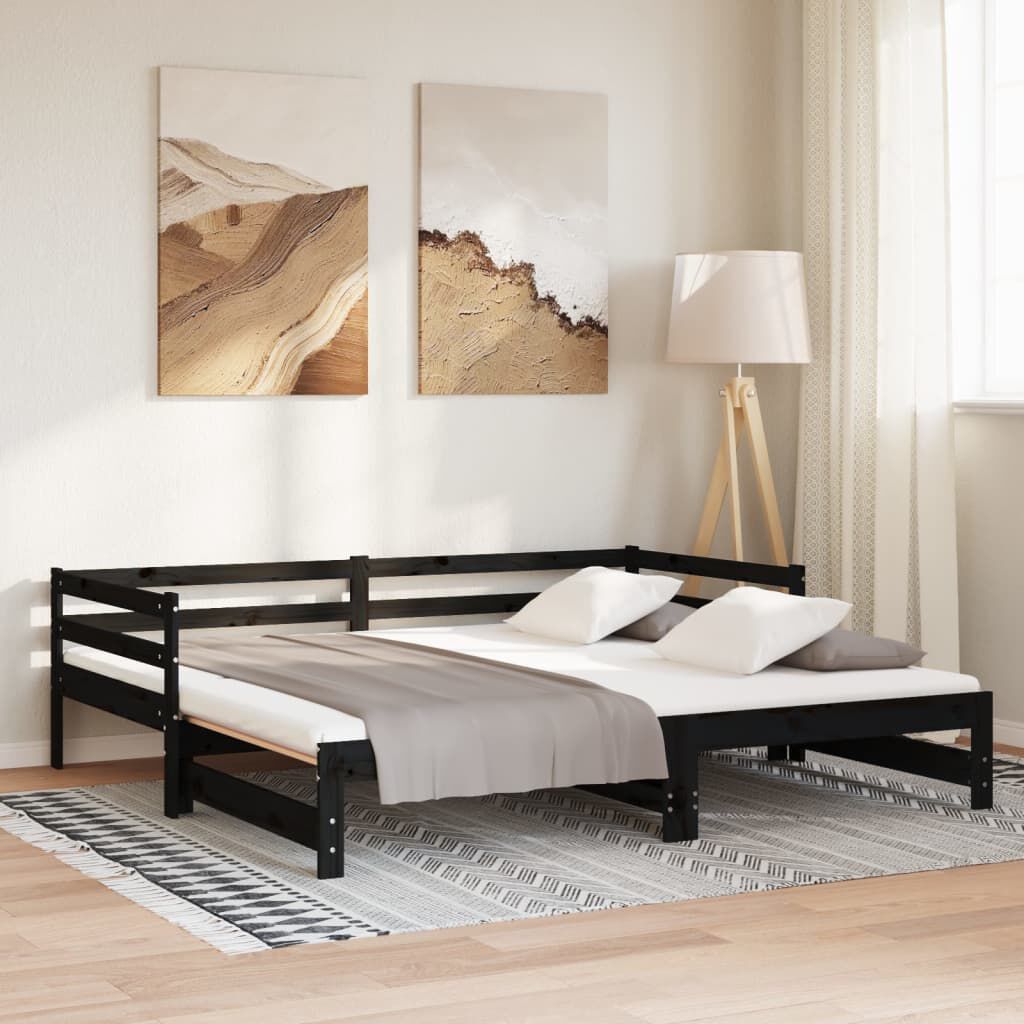 vidaXL Καναπές Κρεβάτι Μαύρος 2 x (90 x 200) εκ. από Μασίφ Ξύλο Πεύκου