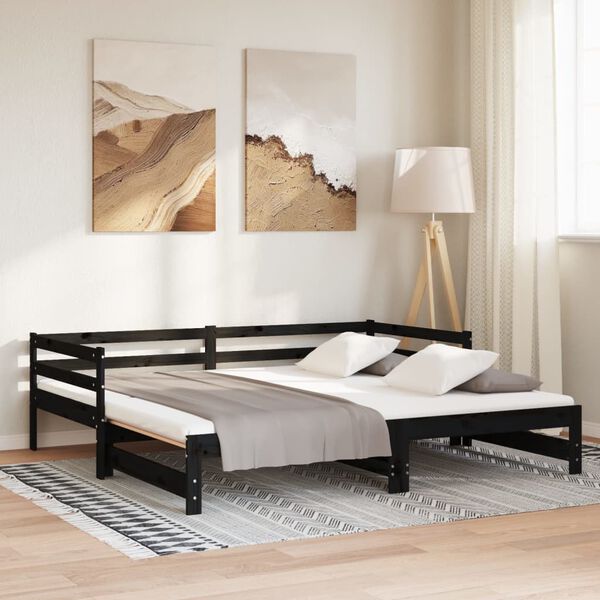 vidaXL Καναπές Κρεβάτι Μαύρος 2 x (90 x 200) εκ. από Μασίφ Ξύλο Πεύκου