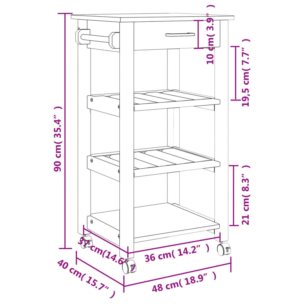 vidaXL Τρόλεϊ Κουζίνας MONZA 48x40x90 εκ. από Μασίφ Ξύλο Πεύκου