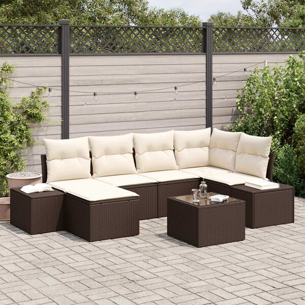 vidaXL Σετ Καναπέ Κήπου με μαξιλάρι 7 pcs Καφέ και κρεμ Πολυ ράταν